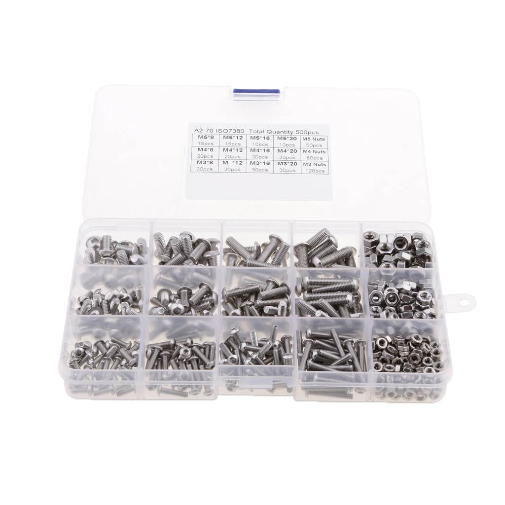 500Pcs M3 M4 M5 Stainless Steel Button Head Hex Socket Cap Screws Nuts Kit