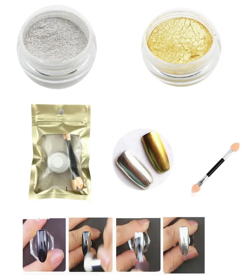 

2 Boxes/lot Rub Mirror Powder Gold&Silver Chrome Effect Professional Grade Nail Art pigment Cosmetic Dry Sparkling Glitter Dust