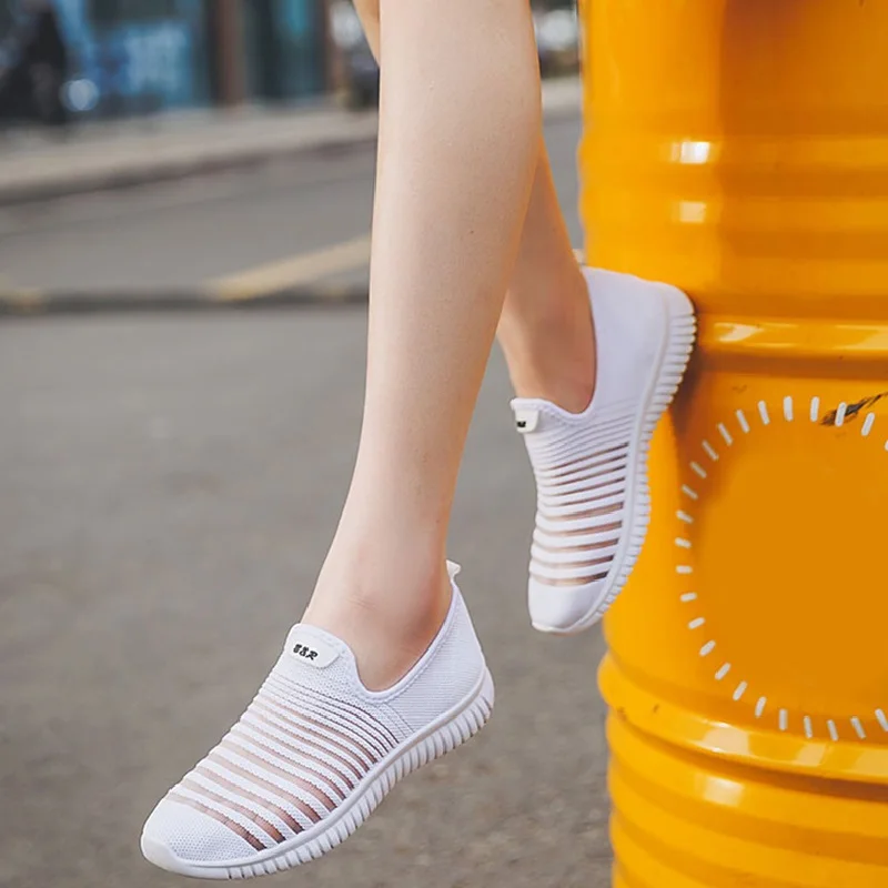 Mesh Women Flat Loafers Striped Breathable Slip On Canvas Ladies Shoes Soft Thick Bottom Comfortable Walking Female Moccasins