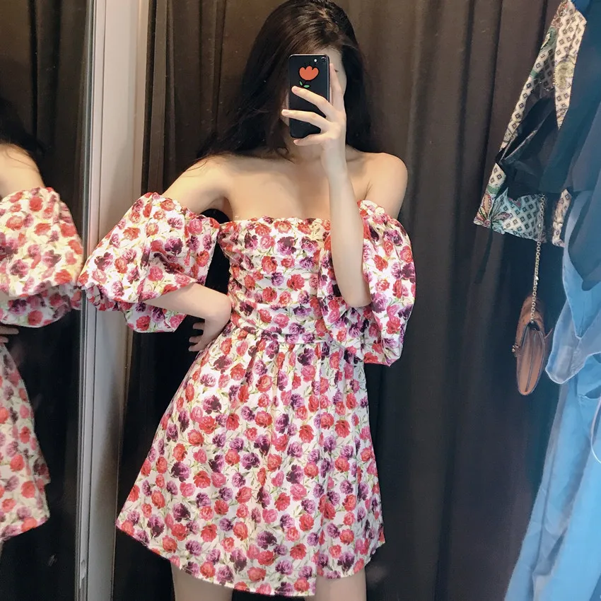 Летнее платье 2019 бохо винтажное цветочное с рюшами открытыми плечами для женщин