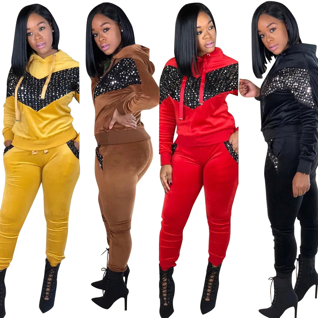 

Women Winter Velvet Hooded Long Sleeve Hot Drilling Rhinestone Sweatshirts Pencil Pants Two Pieces Sets Tracksuits Outfits CM303