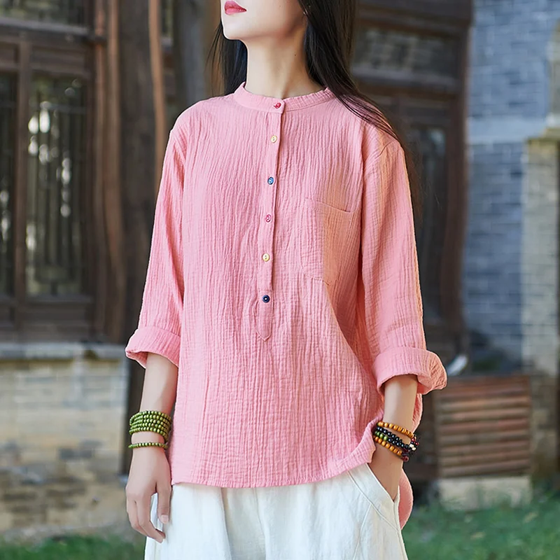 

ORIGOODS Chinese style Vintage Blouse Shirt Women Solid Long sleeve Loose Blouse Autumn 2018 Casual Tee Shirt Tops Blusas B225