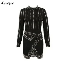 Black Long Sleeve 2018 Women’s Rayon Beading Adorn Knitted Autumn Sexy Asymmetrical Side Bodycon Bandage Dress
