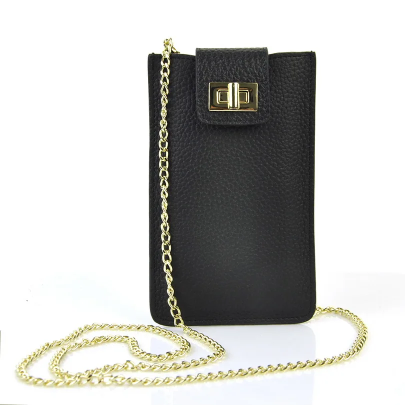 Женская сумка для мобильного телефона из натуральной коровьей кожи, сумка через плечо, сумка на цепочке, мобильный кошелек, повседневные модные женские сумки, держатель для карт чехол - Цвет: Black
