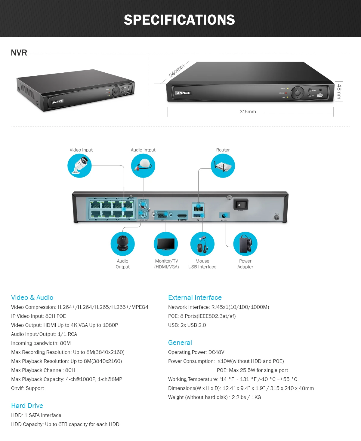 ANNKE HD 8CH 4 K POE NVR 4 шт. 1080 P сетевая POE ip-камера видео VCA камера безопасности система Крытый Открытый безопасности POE наборы для наружного