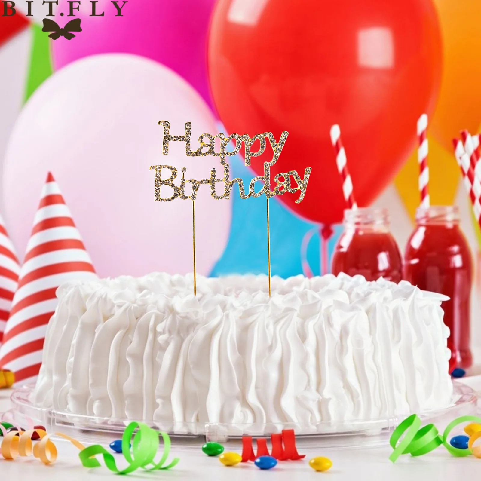 Sparkling Gold Silver Diamond-studded Cake Topper Bling Happy Birthday Cake Flag For Anniversary Wedding Party Cake Decoration