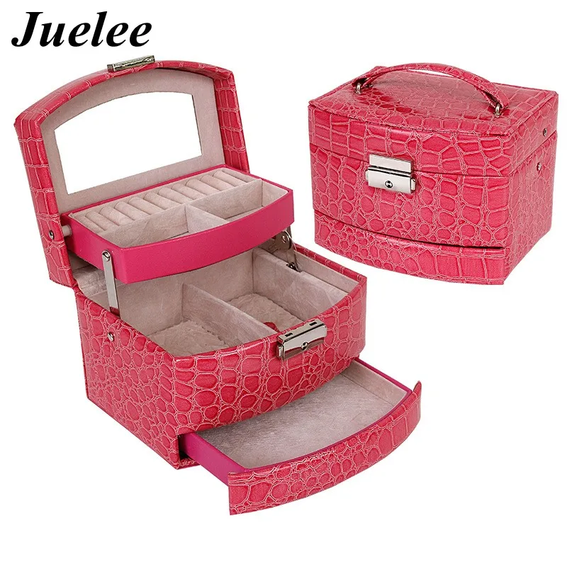 

Juelee High Grade Crocodile Print Jewelry Display Box 3 Layers Ring Necklace Jewelry Case Lady Gift Home Storage Supplies