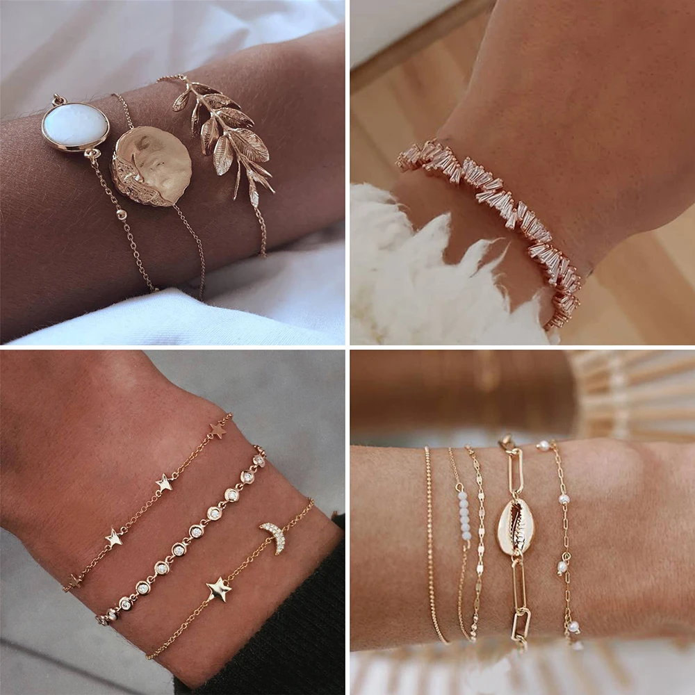 

Mix Design Moon Star Shell Turtle Feather LOVE Crystal Charm Bracelets for Women Boho cuff Bangle Bracelet Jewelry Wholesale