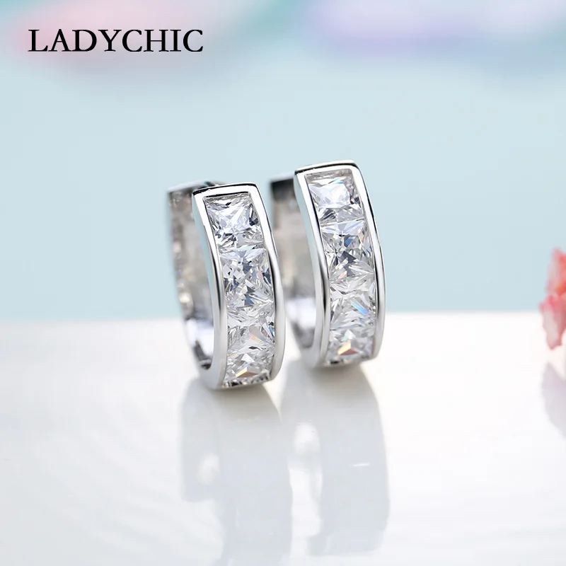 LADYCHIC Luxury Ladies Princess Cut AAA Cubic Zirconia Hoop Earrings Trendy Women Silver Color Shinning Jewelry Earring LE1006 | Украшения