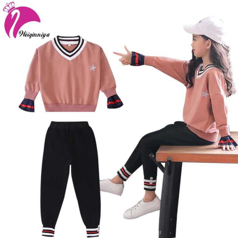 

weiqinniya Girls Set 2018 Kids Sports Tracksuit For Girl Fashion Children Striped Clothing Set For Girl Flare Sleeve Sets Autumn