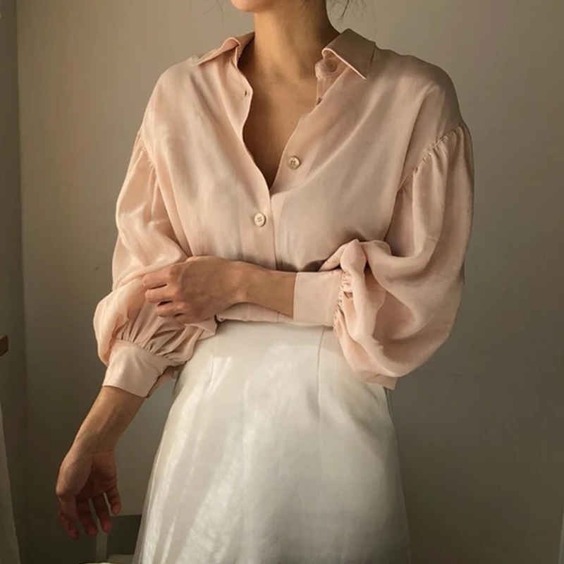 

Recommend! Office Lady Cute Blouse Lantern Sleeve Fresh White Pink Top Women Shirt Chemise Femme Chemisier Blusa Mujer Camisa