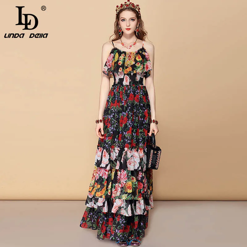 Женское богемное платье макси LD LINDA DELLA, длинное праздничное платье с эластичным поясом, каскадными оборками, цветочным принтом, вечернее платье на лето - Цвет: Многоцветный