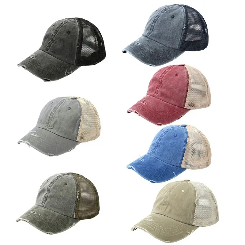 

2019 Womens Summer Ponytail Messy Bun Sun Hat Vintage Washed Color Breathable Mesh Back Adjustable Snapback Distressed Baseball