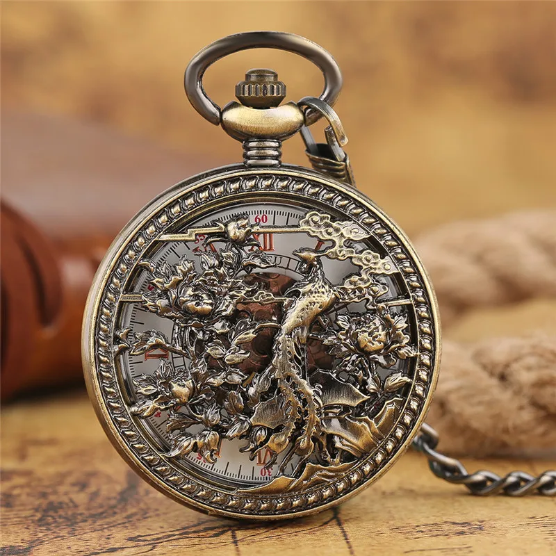Полые изысканный кулон цепи Автоматическая Phoenix Прохладный карманные часы брелок роскошные стильные Винтаж ретро механические Для мужчин