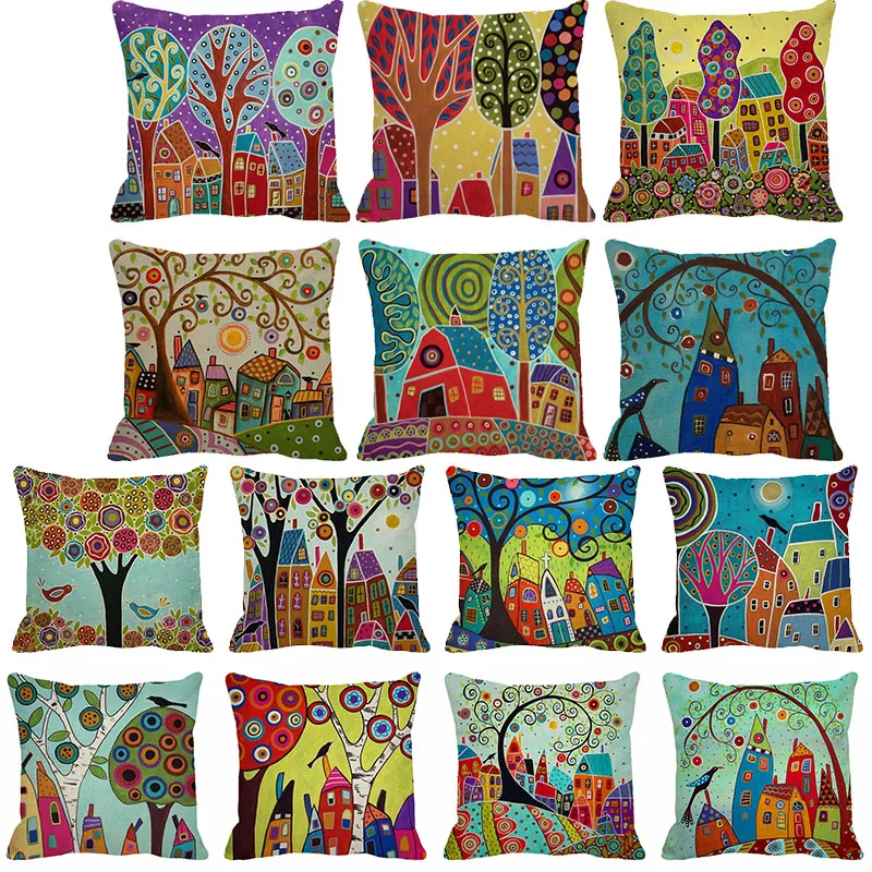 

XUNYU Hand-Painted Retro Rural Color Cities 45*45cm Cushion Cover Sofa Linen Throw Pillowcase Car Home Decoration Pillowcase