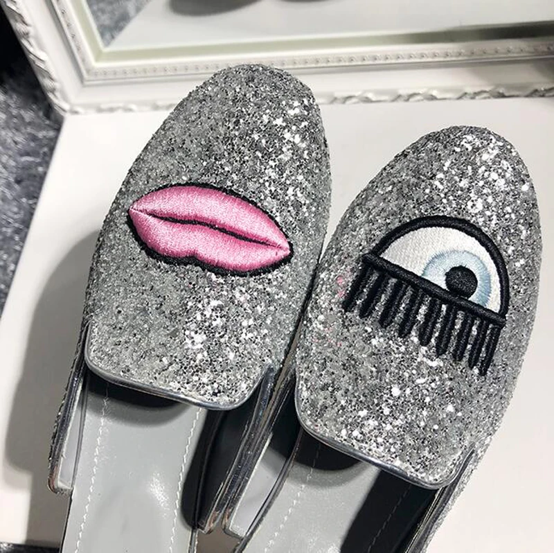 Stylesowner большие глаза рот вышивать половины тапочки Серебряный bling с круглым