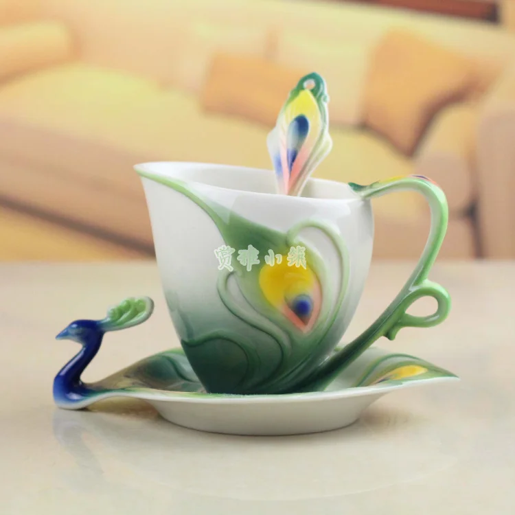 

Enamel Peacock Coffee Mug Caneca Cup Set Ceramic Drinkware Creative China Bone Copos
