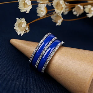 Простое изысканное двухслойное керамическое кольцо с 3 рядами сияющих Стразы желтого, розового, синего цвета для женщин - Цвет основного камня: Blue