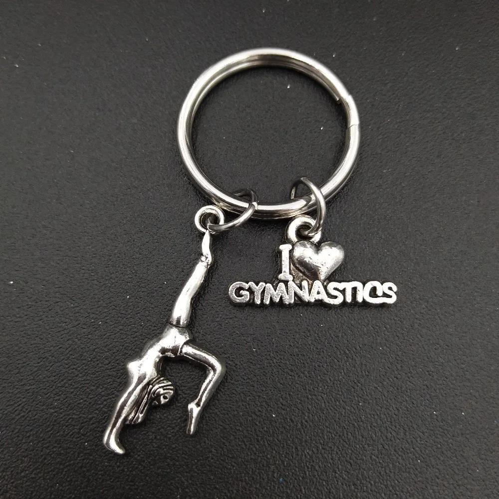 Gymnast I Love Gymnastics Charm Keychain Stainless Steel Metal Keyring