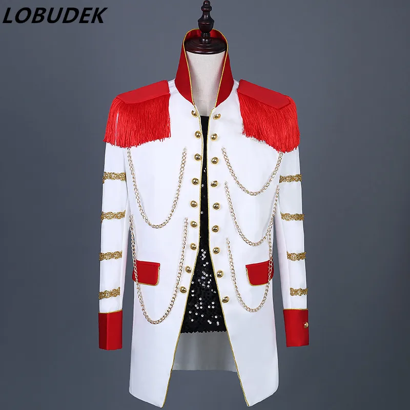 

Red court dress Tassels Tide Male Slim Long Jacket Men Singer Dancer Host Stage Outfit Nightclub bar DJ Show Costume stage wear