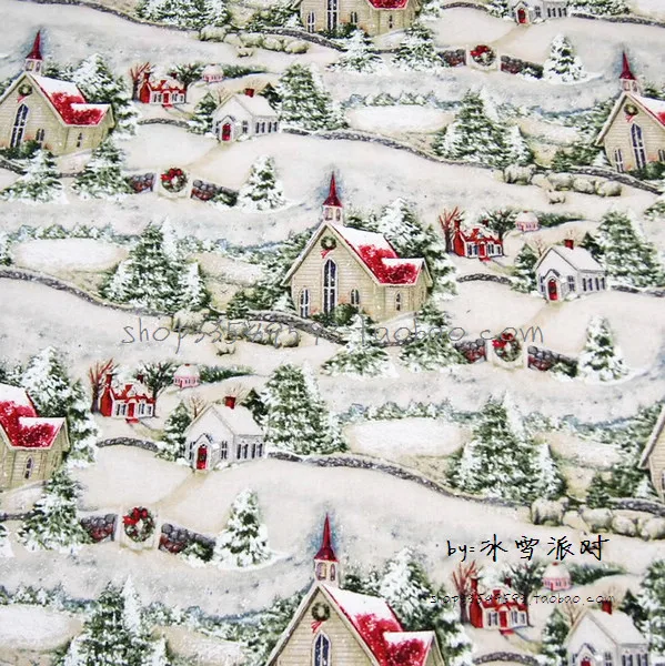 

105X100cm Country Church Snow Green Pine Cotton Fabric for Christmas Day Decoration Patchwork DIY-AFCK640