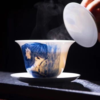 

185ML Jingdezhen Blue and white porcelain Gaiwan Tea Bowl with Lid Saucer Kit Beauty Pattern Teapot Tea Pot Home Drinkware Craft
