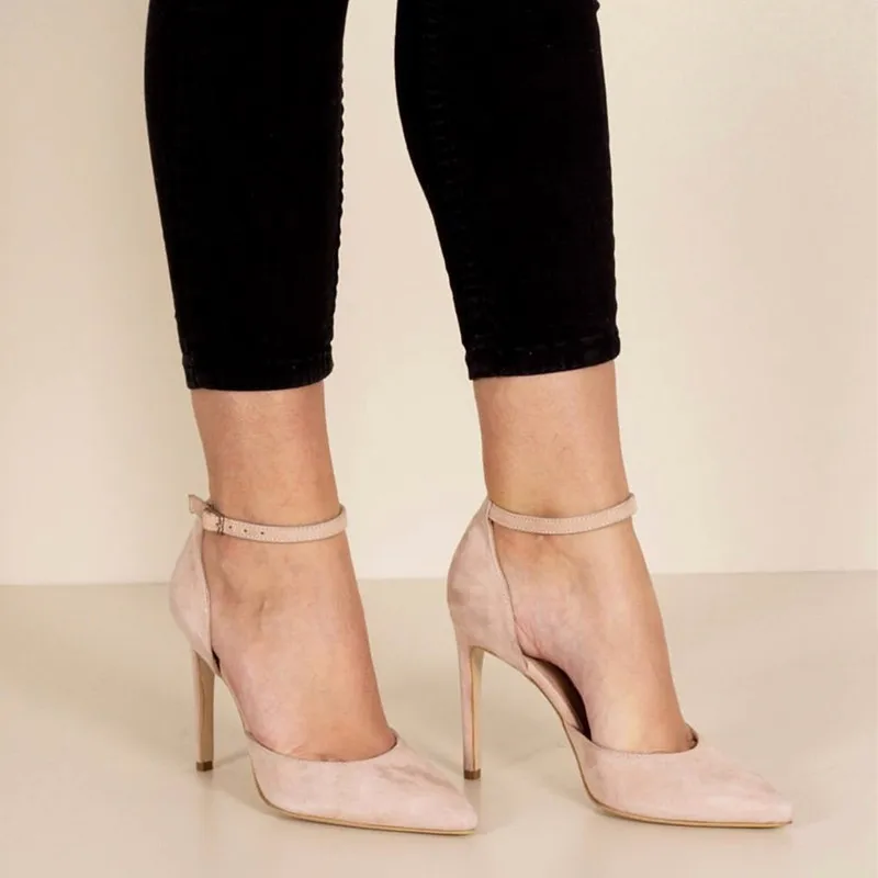 

Fashion nude suede leather buckle designer pointed toe ankle wrap women high heel dress shoes plus size 47