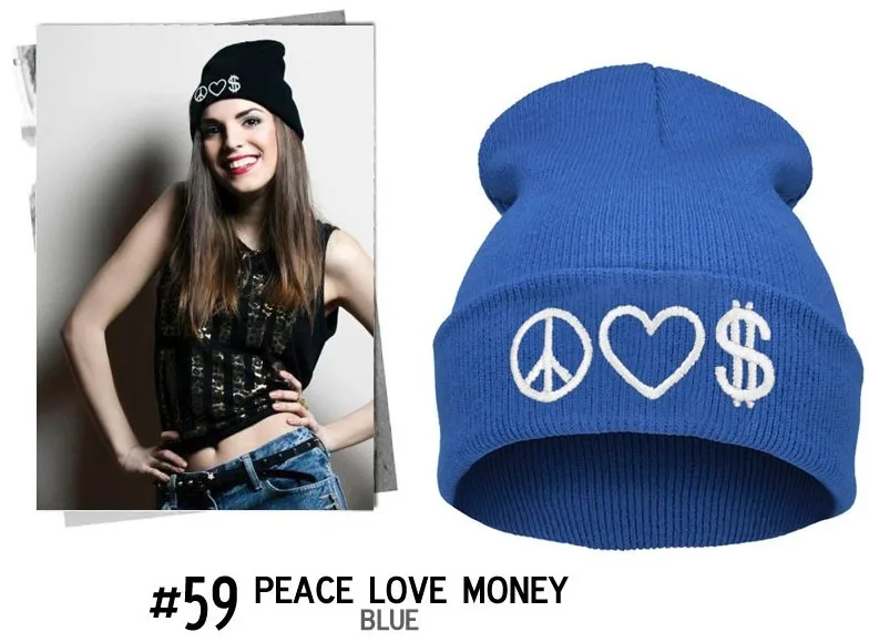 

Fashion Autumn Winter Gorros PEACE LOVE MONEY Beanie Hip Hop Caps Wool knitted Hat Beanie Men And Women Free Shipping