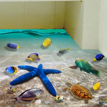 

Beautiful Seabed Starfish Wall Stickers Kids Rooms Decor Poster DIY 3d Bathroom Floor Sticker Colorful Fishes Sea Murals SD121