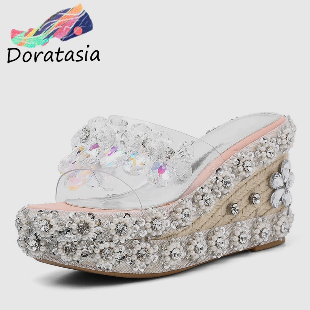 

DORATASIA Brand New Dropship INS Hot Luxury Crystal Ladies Wedges High Heels Shoes Woman Casual Party Summer Slippers 2019