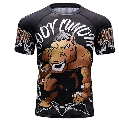 CODY Мужская компрессионная футболка MMA Rashguard, летняя футболка с коротким рукавом для фитнеса, Мужская футболка с 3D принтом медведя, танца железной цепи