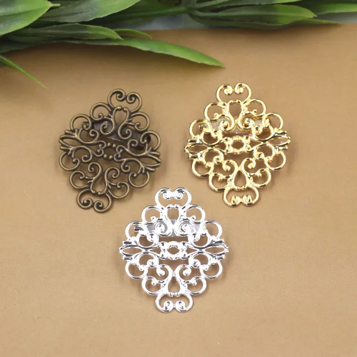 37x30mm Retro Brooches Bases Back Pins Settings Vintage Filigree Flower Brooches DIY Findings