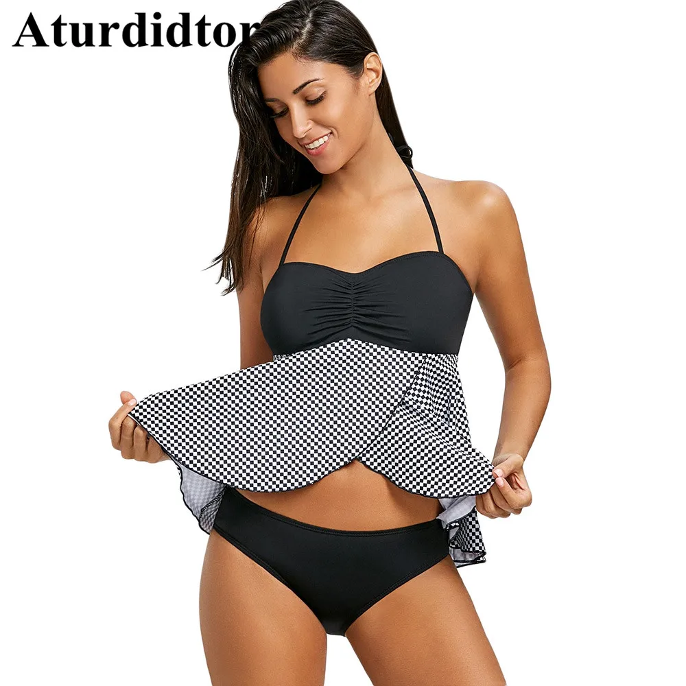 

Halter Neck Check Flyaway Tankini Set Two-Piece Separates Swimwear Women 2018 Striped Swimming Brazilian Bikini Suit Beachwear