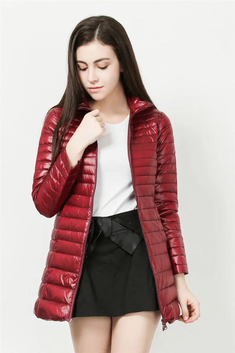 Новинка, осенне-зимняя куртка на утином пуху, Женская длинная парка, пальто с капюшоном, Женская Повседневная тонкая Ультралегкая тонкая куртка 6XL 7XL - Цвет: Burgundy