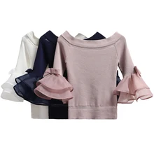2018 New off shoulder cropped knitted shirt white sweater tops women slash neck sexy flare sleeve striped pullovers korean blusa