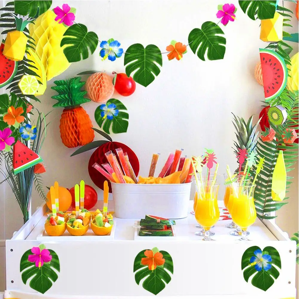 60pcs/set Hawaii Tropical Palm Leaves Hibiscus With Stem Leaf Set Party