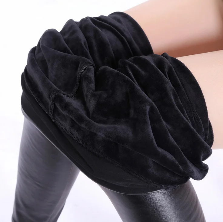 Winter Leather Leggings Women High Waist Warm Black Leggins Punk Push