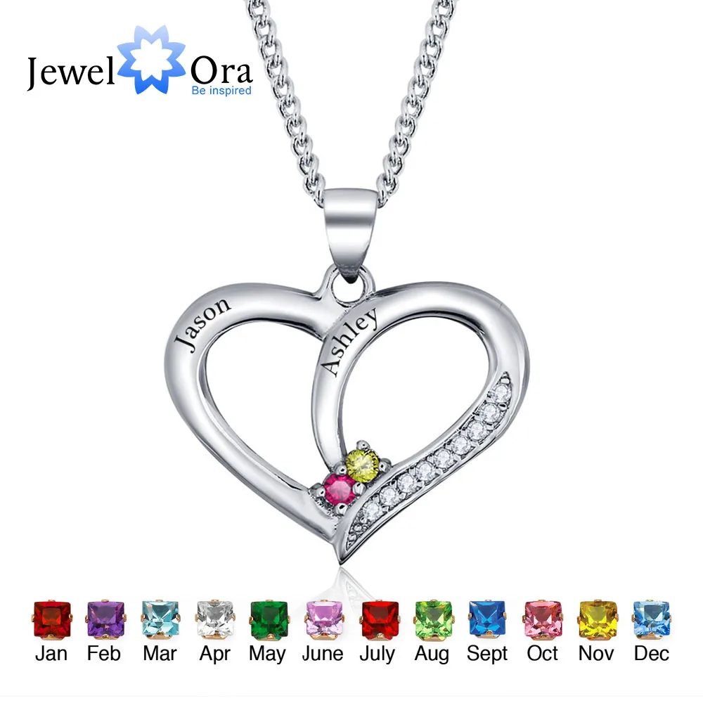 Personalized Engrave Name Pendant Necklace DIY Birthstone Heart 925 Sterling Silver Necklaces Pendants JewelOra NE101234