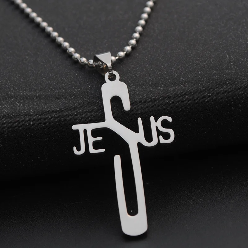 

New personality letter cross necklace Christian faith English Jesus necklace stainless steel English letter JESUS cross necklace