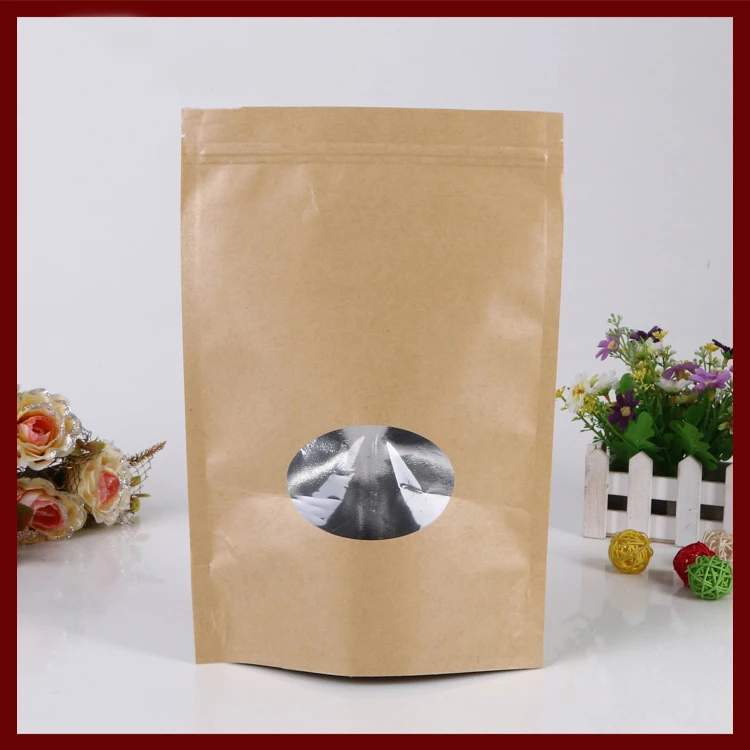 

1000pcs 20x30cm Brown Kraft Paper Bag With Round Window Stand Up Zipper/zip Lock Jewelry Packaging Bag Paper Bags For Gifts/tea