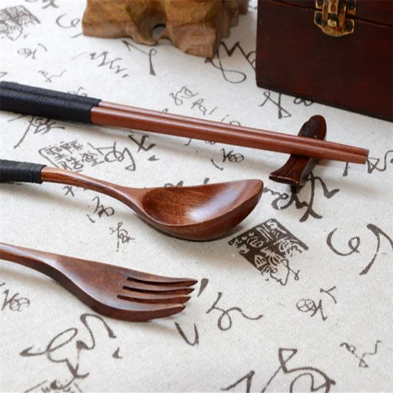 Экологичные 3 шт. деревянные столовые приборы набор винтажные китайские по-японски бэнто Lancheira Chop палочки чайная ложка вилка Посуда DinnerwareM3