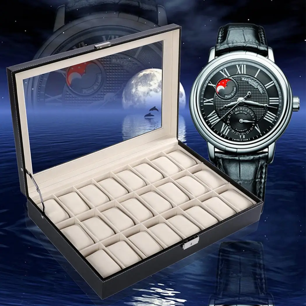 

Leather Watches Display Case Watch Organizer Case Black 24 Slots Jewelry Storage Box