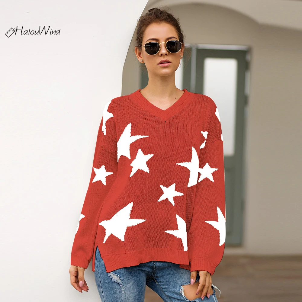 

Christmas Star Print Ugly Sweater Oversized Loose Pullover Balck Red Sweater Women 2019 Casual Winter Autumn Knitted Jumper