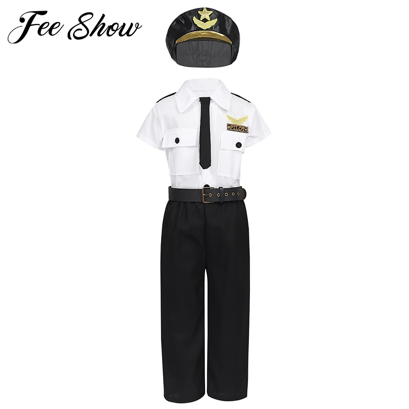 

Kids Pilot Costume Set Childrens Cosplay for Boys Flight Attendant Costume Airplane Aircraft Air Force Performance Uniforms