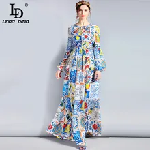 LD LINDA DELLA Moda Del Progettista Maxi Vestito 5XL delle Donne Più di formato Manica Lunga Boho Colorful Flower Stampa Casual Lungo vestito
