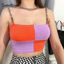 Милый оранжевый в фиолетовом стиле, укороченный топ в стиле пэчворк, женская одежда, летняя металлическая цепочка на бретельках, Camiseta Tirantes Mujer