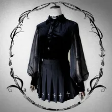 Ruibbit Новая женская Повседневная Панк Лолита Харадзюку винтажная бархатная шифоновая черная рубашка с рукавом-фонариком женская блузка