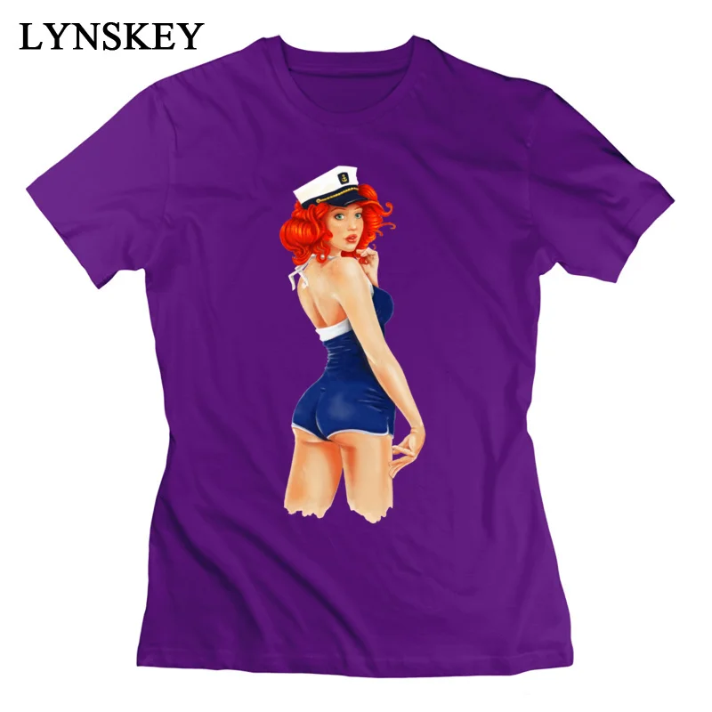 LYNSKEY Designer Women T-Shirts Crew Neck Summer Short Sleeve 100% Cotton Fabric Tops T Shirt Pinup Sailor Girl Custom Tee-Shirts purple