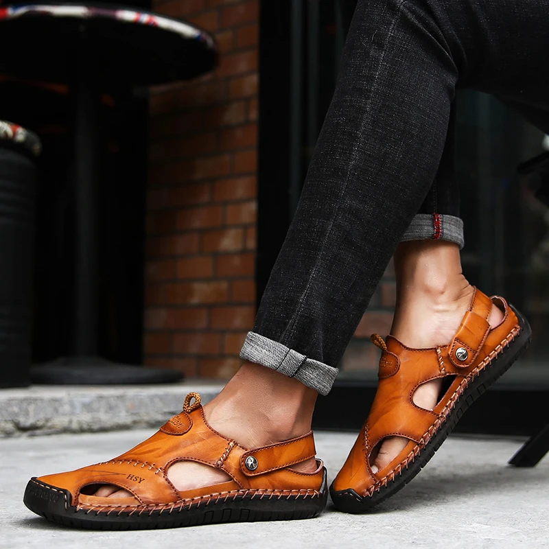 Летние сандалии для мужчин кожаные классические римские сандалии тапки уличные кроссовки Пляжные Резиновые Шлепанцы мужские водонепроницаемые туристические сандалии