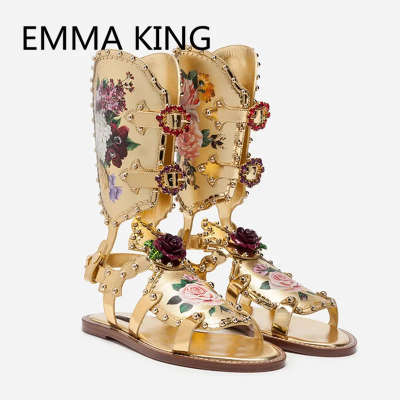 

2019 Runway Luxury Flowers Prints Women Gladiator Sandals Open Toe Crystal Casual Ladies Shoes Woman Buckle Strap Flats Sandals